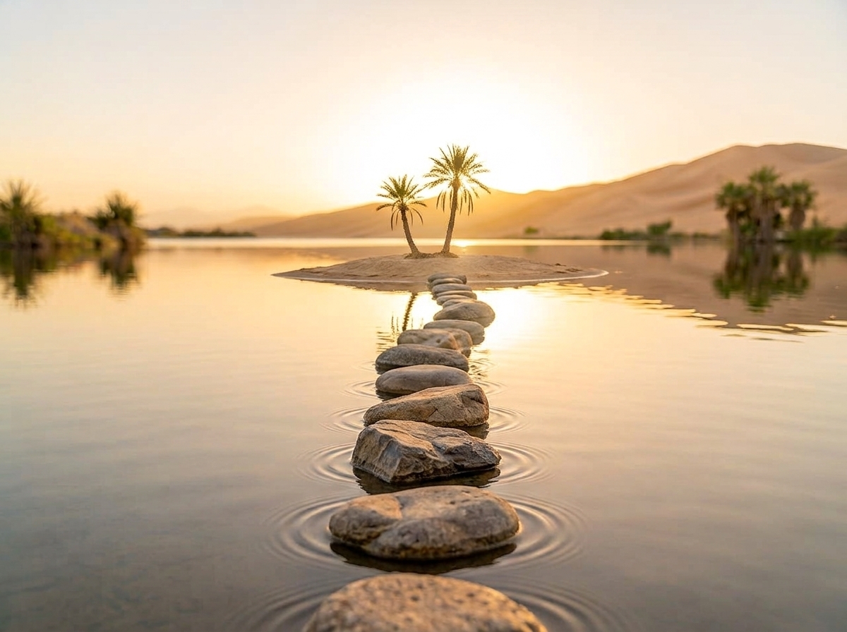 Stepping stones leading to a palm island at sunset