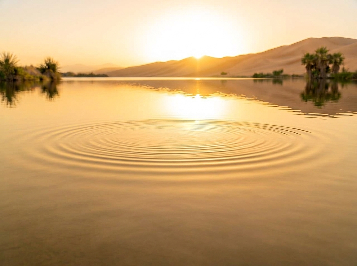 Ripples spreading across a calm golden lake