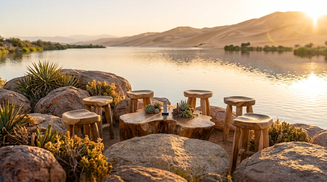 Wooden stools by a lake at golden hour